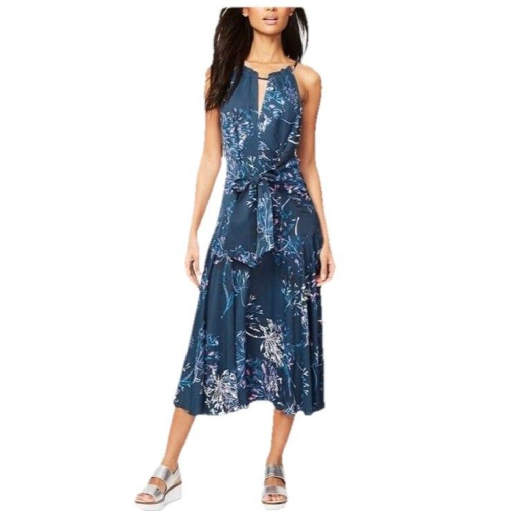 Rachel Roy Claudette Tie Front Midi Dress Size 14 Blue Floral Date night
